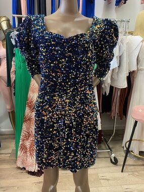 Women's Navy Multicolor Sequin Puff-Sleeve Mini Dress
